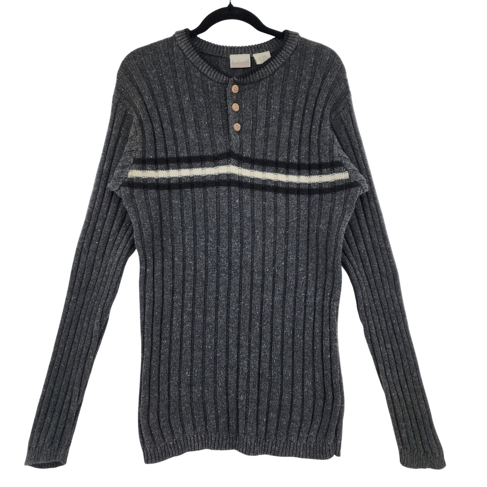 Vtg Fieldmaster Henley Sweater sz S‎ Mens Gray White Ribbed Ramie Cotton Striped